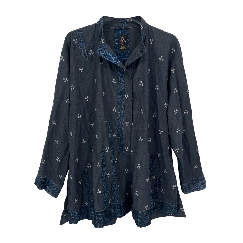 Diane Prekup 2XL Blue Lagenlook Artisan Batik Raw‎ Edge Applique Tunic Shirt